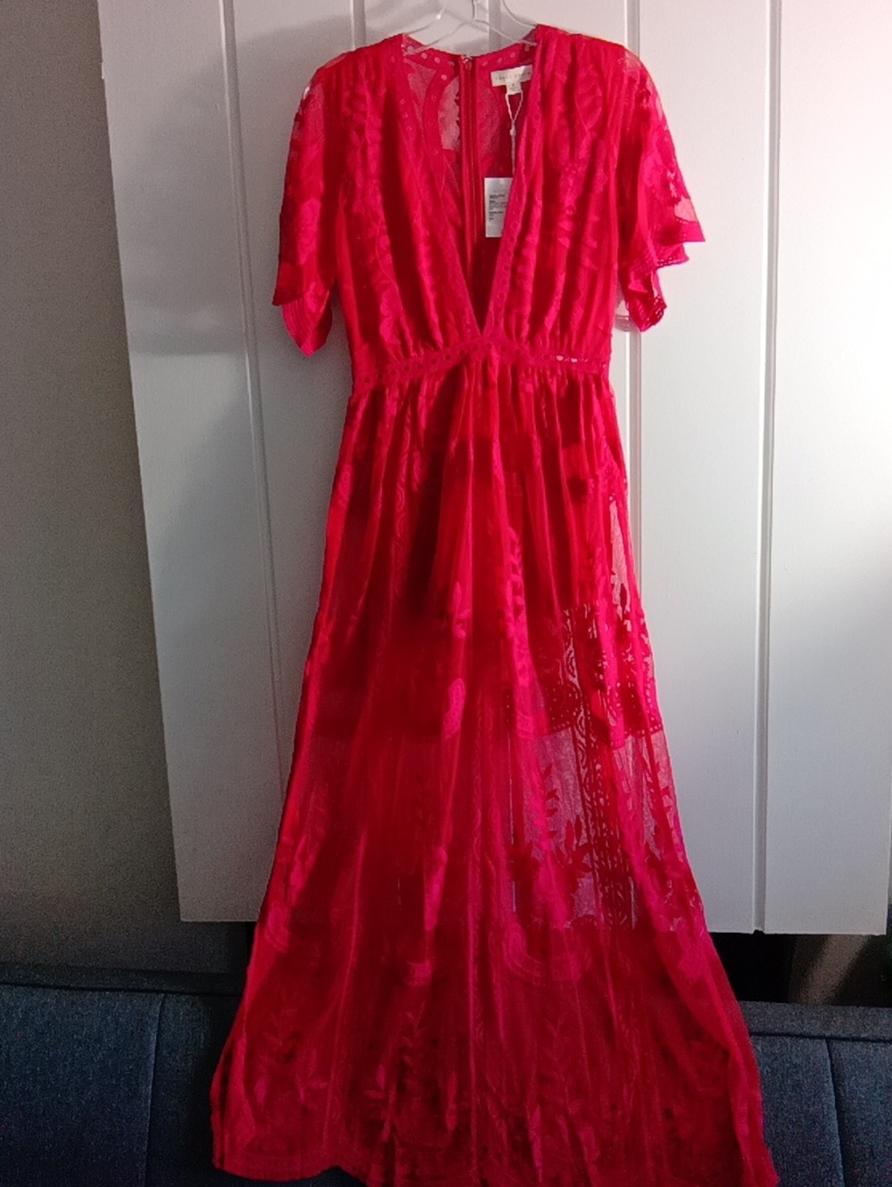 Honey Punch Red Sheer Lace Maxi Dress